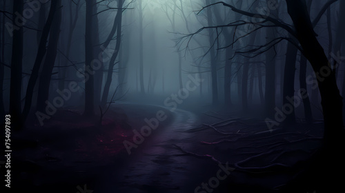 Mysterious dark woods and misty paths  perfect for a Halloween scene