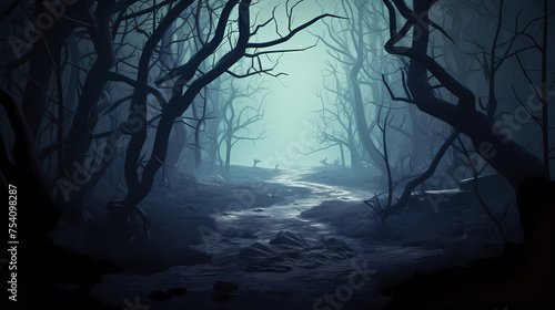 Mysterious dark woods and misty paths, perfect for a Halloween scene