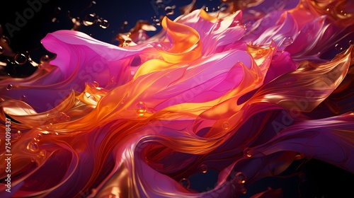 Molten gold and neon pink liquids explosively merging, creating a mesmerizing and abstract scene captured in high definition