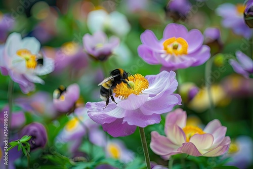 Bees pollinating flowers in a lush pesticide-free garden © AI Farm