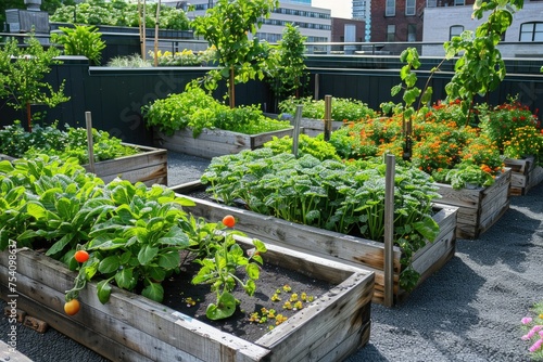 An urban rooftop garden with a variety of vegetables and herbs promoting local food