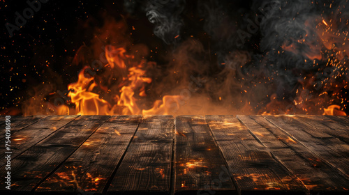Wooden table with fire burning