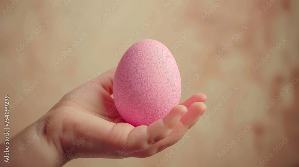 Close up kid's hand holding egg in cupped with soft light studio on beige background. Close up kid's hand holding egg in cupped with soft light studio on beige background.