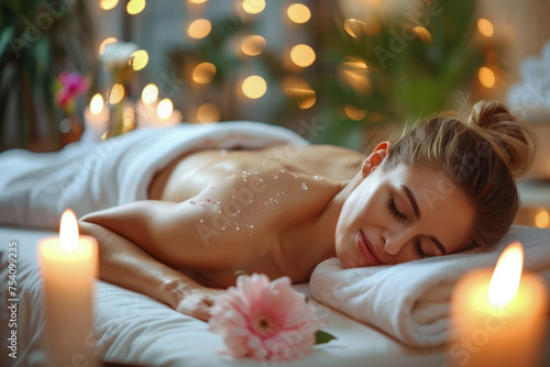 Relaxed young woman enjoys body massage at spa. ady getting professional back massage while lying on bed in salon with flowers and aroma candles