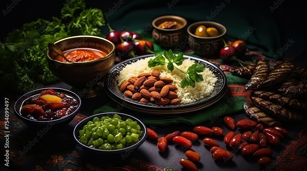 Vibrant spread of delicious arabic cuisine with fresh mint leaves, salsa, and almonds, perfect for ramadan festivities
Vibrant spread of delicious arabic cuisine with fresh mint leaves, salsa, and almonds, perfect for ramadan festivities