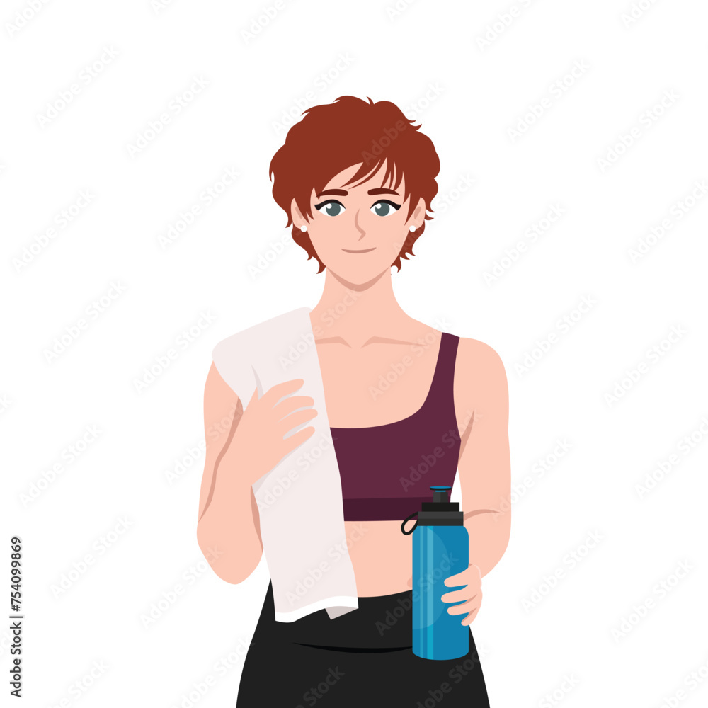 Young ginger sports woman holding water bottle and towel on her shoulder. Flat vector illustration isolated on white background Young ginger sports woman holding water bottle and towel on her shoulder. Flat vector illustration isolated on white background
