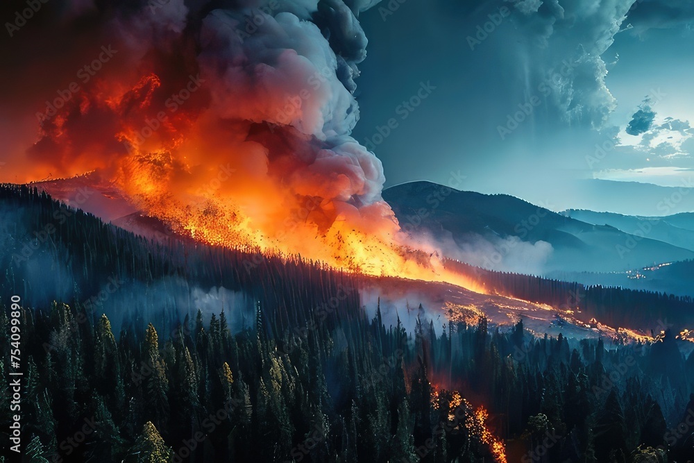 Aerial photography of a raging forest fire in a mountainous region