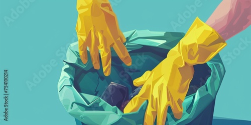 A man's hands in yellow cleaning gloves disposing of household garbage into a compact trash bag. photo