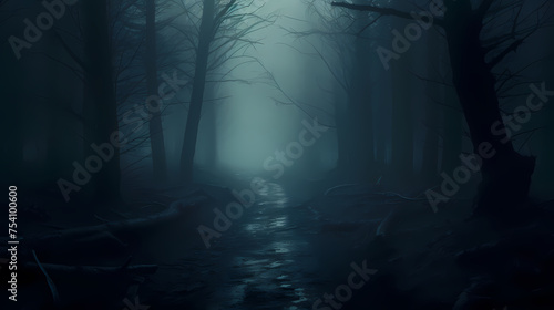Mysterious dark forest at night, halloween background © Derby