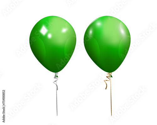 Green helium balloon. Birthday baloon flying for party and celebrations. Isolated on plaid transparent background.