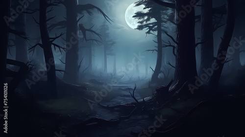 Mysterious dark forest at night  halloween background