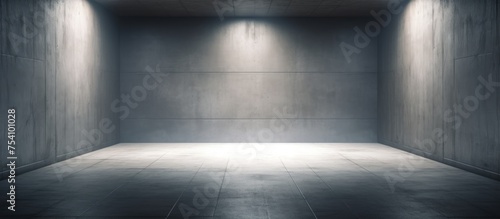 A black and white photo of an empty, modern abstract concrete room. Light filters in through a rectangular ceiling opening in the center, highlighting the rough industrial floor. © Vusal
