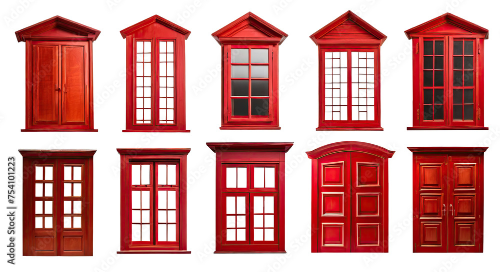 Collection of real red vintage wooden house window frame sets, isolated on a transparent background with a PNG cutout or clipping path.