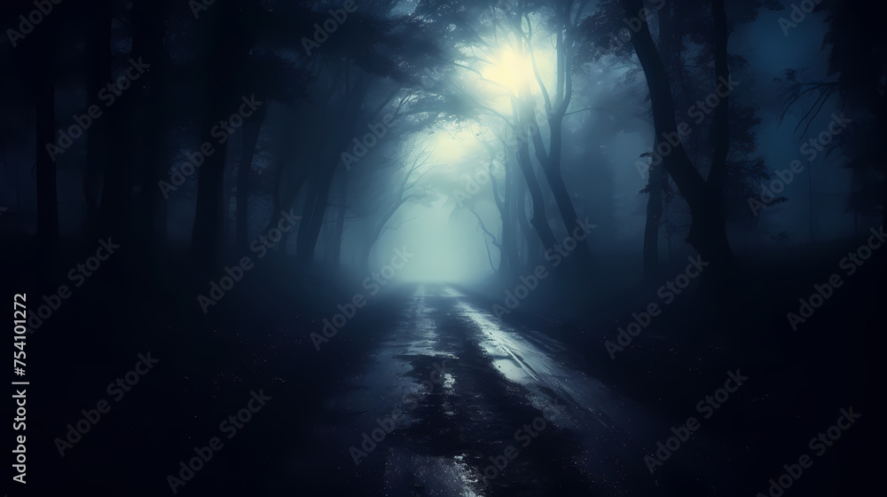 Fototapeta premium Mysterious dark forest at night, halloween background