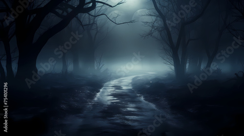 Mysterious dark forest at night, halloween background © Derby