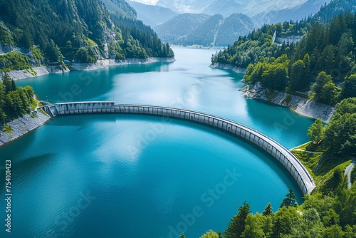 Alpine water dam and reservoir lake harnessing green hydroelectricity to combat climate change from above. photo