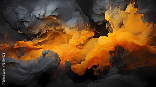 Liquid sunshine meeting deep charcoal in a powerful collision, resulting in a dramatic and intense abstract composition