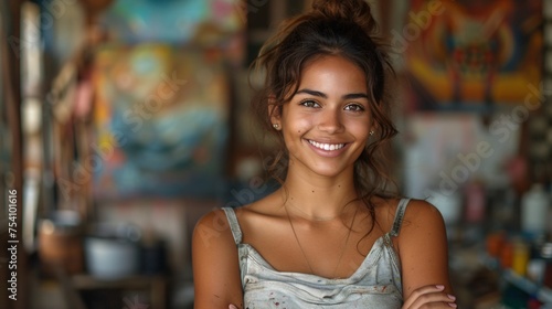 Attractive Hispanic female artist confidently poses with crossed arms in her studio.