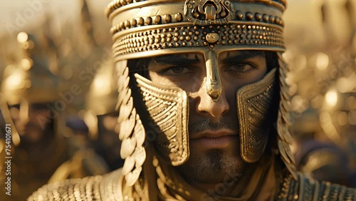 The leader of the Akkadian army adorned in golden armor stands confidently a his soldiers. His wisdom and bravery inspire respect and loyalty in his troops. photo