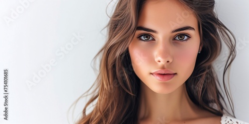 Attractive dark-haired female standing alone against a blank backdrop.