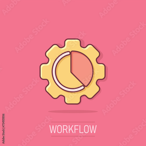 Workflow chart icon in comic style. Gear with diagram cartoon vector illustration on isolated background. Process organization splash effect business concept.