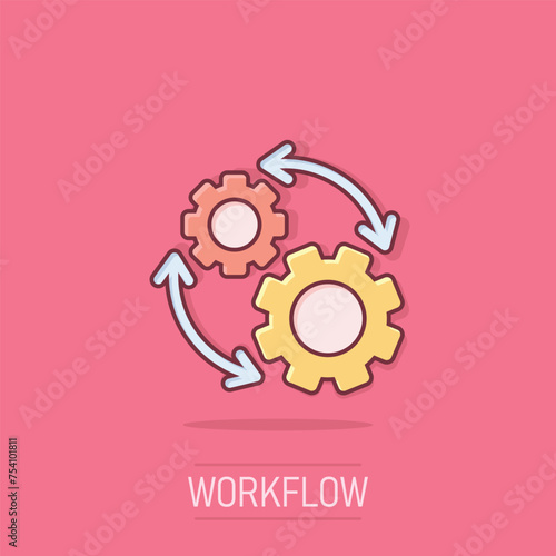 Workflow icon in comic style. Gear effective cartoon vector illustration on isolated background. Process organization splash effect business concept.