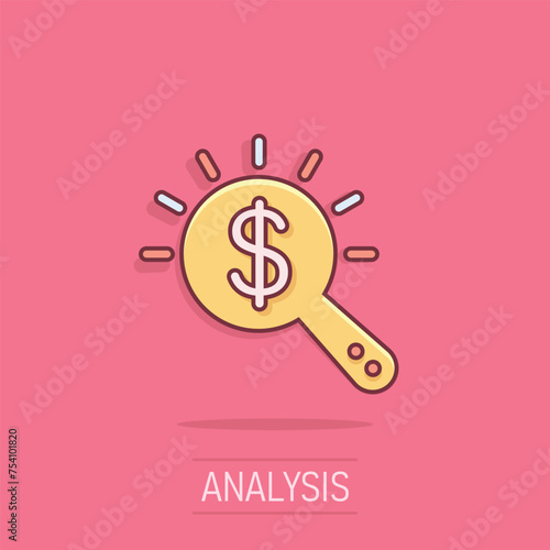 Magnifier glass with money icon in comic style. Dollar search cartoon vector illustration on isolated background. Financial currency splash effect business concept.