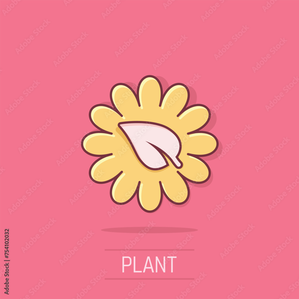 Leaf and chamomile icon in comic style. Flower with plant cartoon vector illustration on isolated background. Eco power splash effect sign business concept. Leaf and chamomile icon in comic style. Flower with plant cartoon vector illustration on isolated background. Eco power splash effect sign business concept.