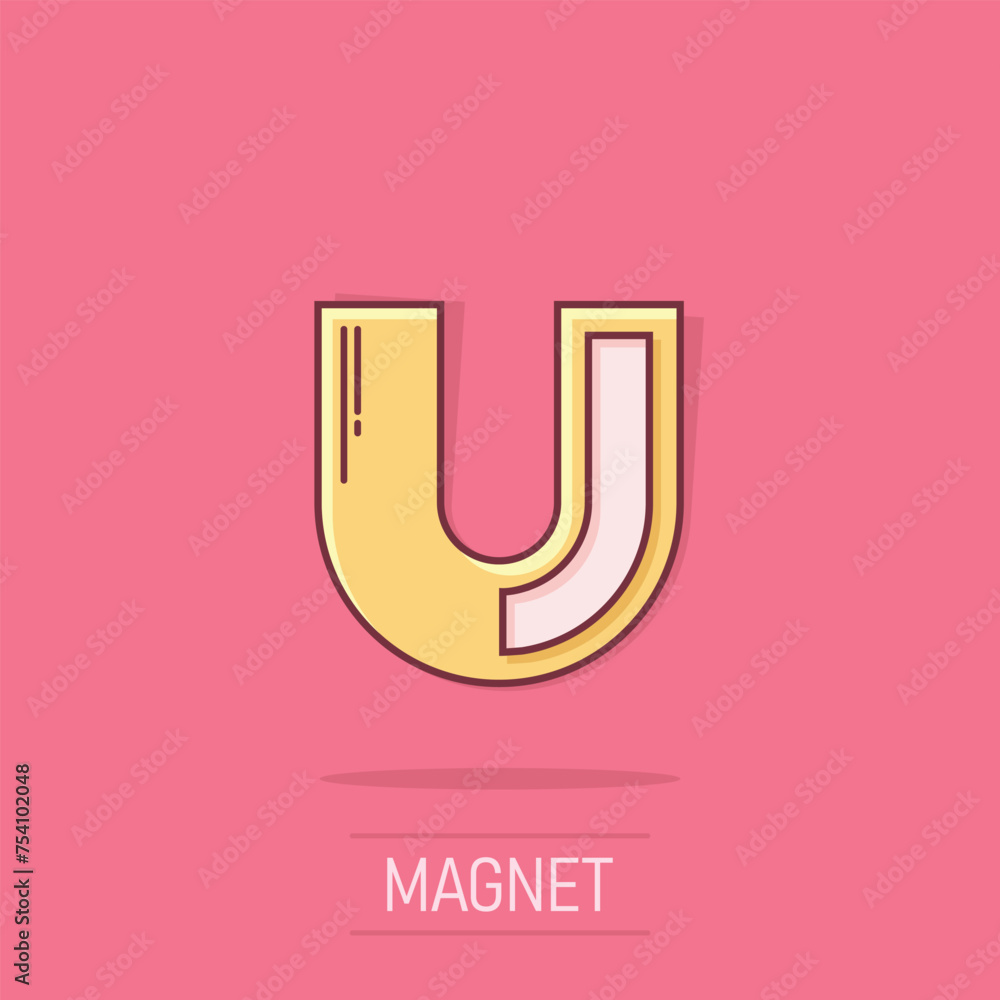 Magnet icon in comic style. Attract cartoon vector illustration on isolated background. Electromagnetic splash effect business concept. Magnet icon in comic style. Attract cartoon vector illustration on isolated background. Electromagnetic splash effect business concept.