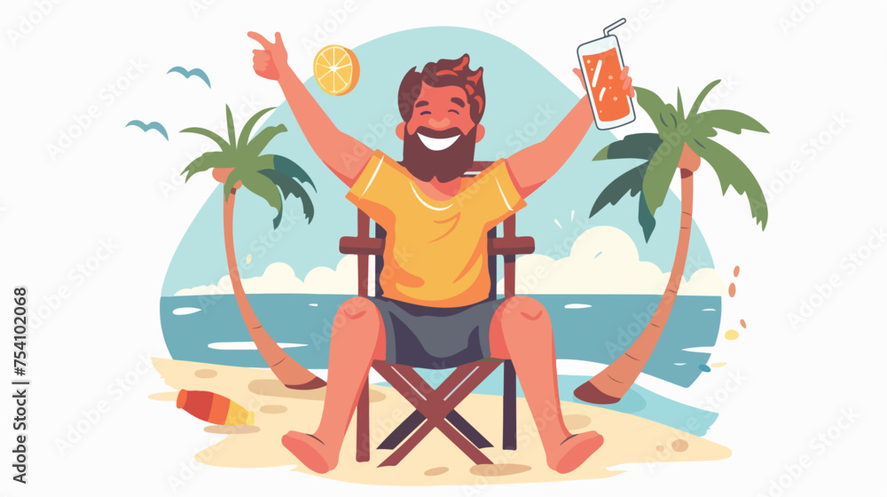Happy man with a beer on the beach. Flat vector.