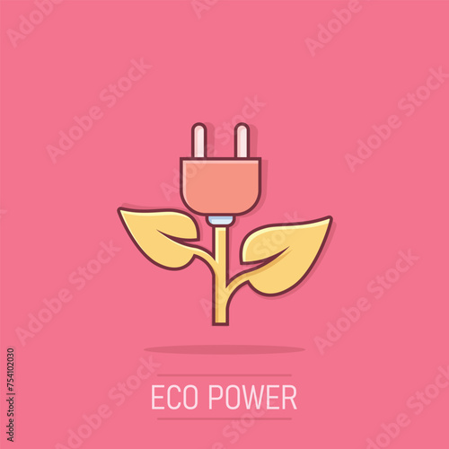 Eco power icon in comic style. Green energy cartoon vector illustration on isolated background. Nature cable splash effect business concept.