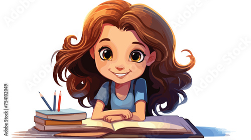 Happy kid girl with workbook funny vector illustration.
