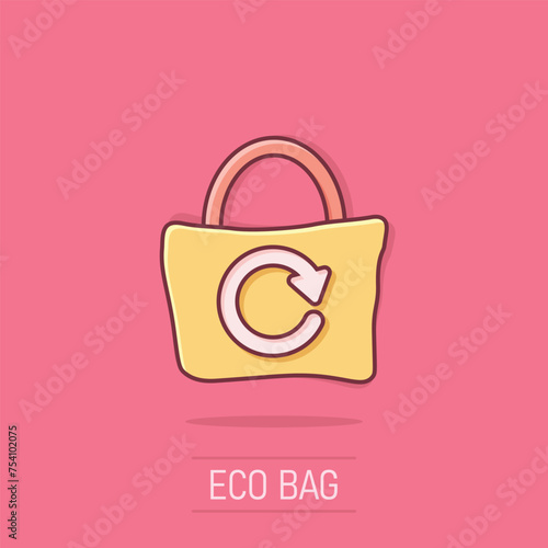 Eco bag icon in comic style. Ecobag cartoon vector illustration on isolated background. Reusable shopper splash effect sign business concept.