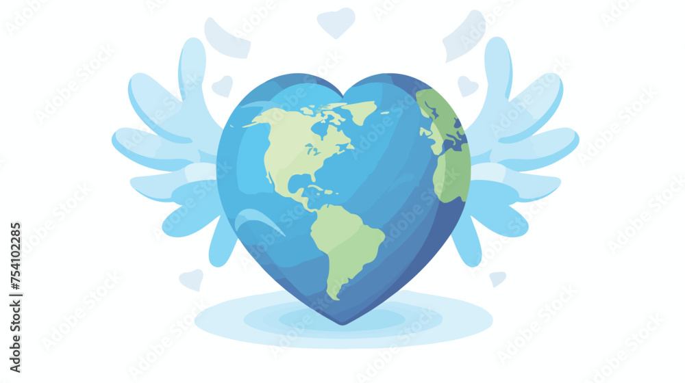 Heart with wings holding a globe. Flat vector illustration.