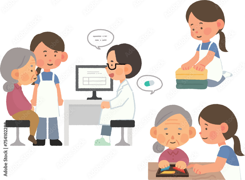 Welfare Illustration for the Elderly - Accompanying the Hospital and Helping with Housework and Play Welfare Illustration for the Elderly - Accompanying the Hospital and Helping with Housework and Play