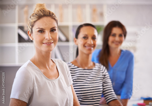 Teamwork, happy and portrait of business women for creative startup, collaboration and partnership in office. Professional leader, company and workers confident for career, job and working together