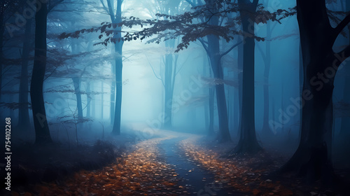Mysterious dark forest at night  halloween background