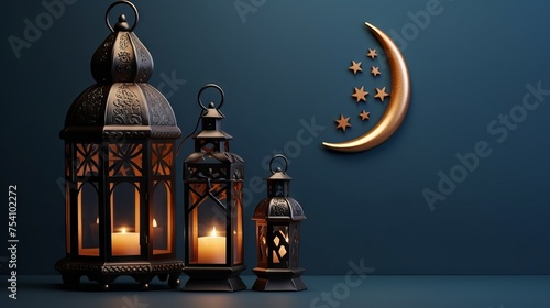 Islamic decorative crescent moon and lantern lamp: perfect element for ramadan kareem posts