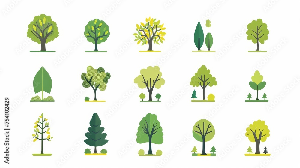 Cartoon trees set isolated on a white background. Simple modern style. Cute green plants, forest, Cartoon trees set isolated on a white background. Simple modern style. Cute green plants, forest,