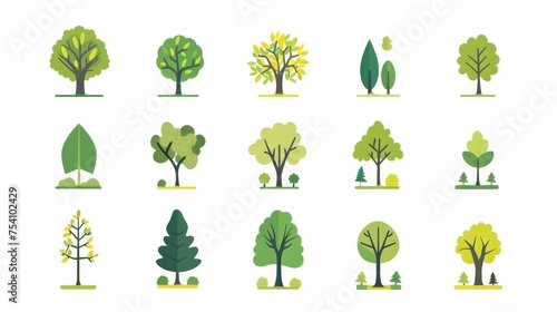 Cartoon trees set isolated on a white background. Simple modern style. Cute green plants  forest 