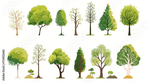 Cartoon trees set isolated on a white background. Simple modern style. Cute green plants  forest 