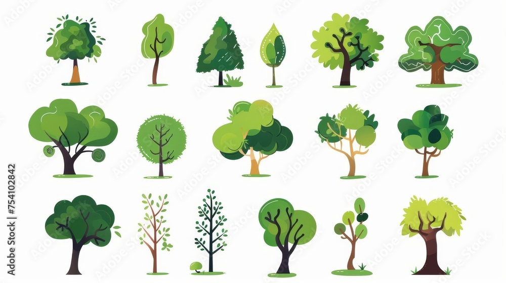 Cartoon trees set isolated on a white background. Simple modern style. Cute green plants, forest, Cartoon trees set isolated on a white background. Simple modern style. Cute green plants, forest,