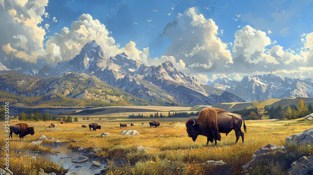 Expansive view of bison grazing
