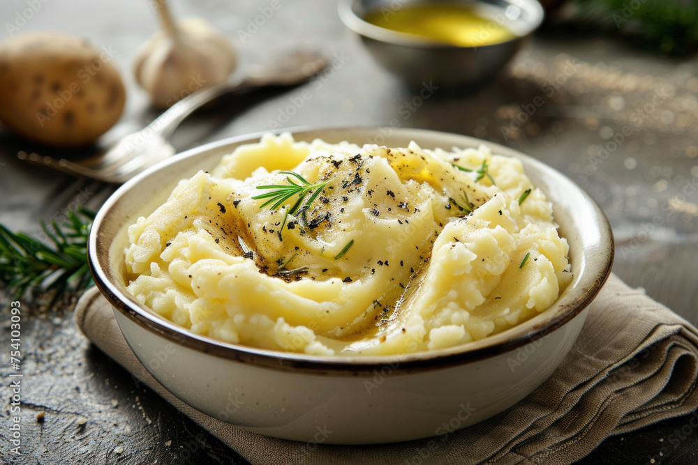 A bowl of creamy mashed potatoes garnished with herbs and a drizzle of olive oil, ready to enjoy.