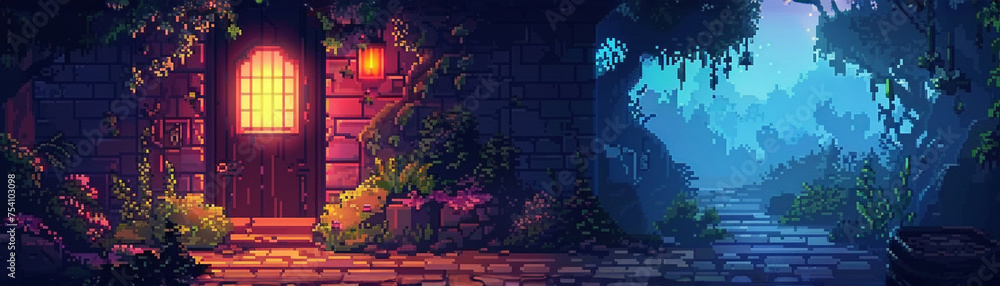 Obraz premium Intimate look at a chibi pixel art game setting with a level up button