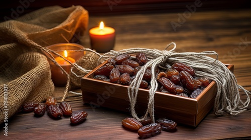 Ramadan essentials: gift box with dried dates and prayer beads on wooden table

 photo