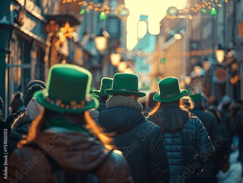 Dynamic scene of a crowd in green hats at St. Patricks Day