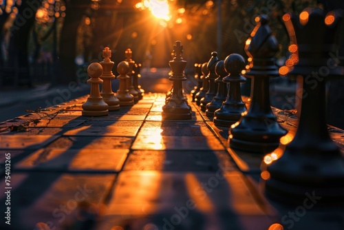 A close-up of a chessboard at the golden hour  with the sun casting long shadows of the chess pieces  emphasizing the dramatic tension and strategic thinking involved in the game. 8k