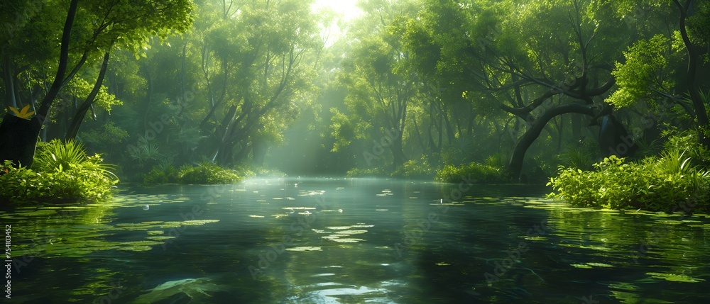 Fototapeta premium River Flowing Through Dense Tropical Forest. Illustration On The Theme Of Nature And Plants, Climate And Ecology. Generative AI