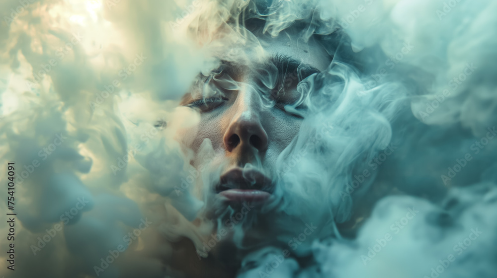 Person's face obscured by smoke.